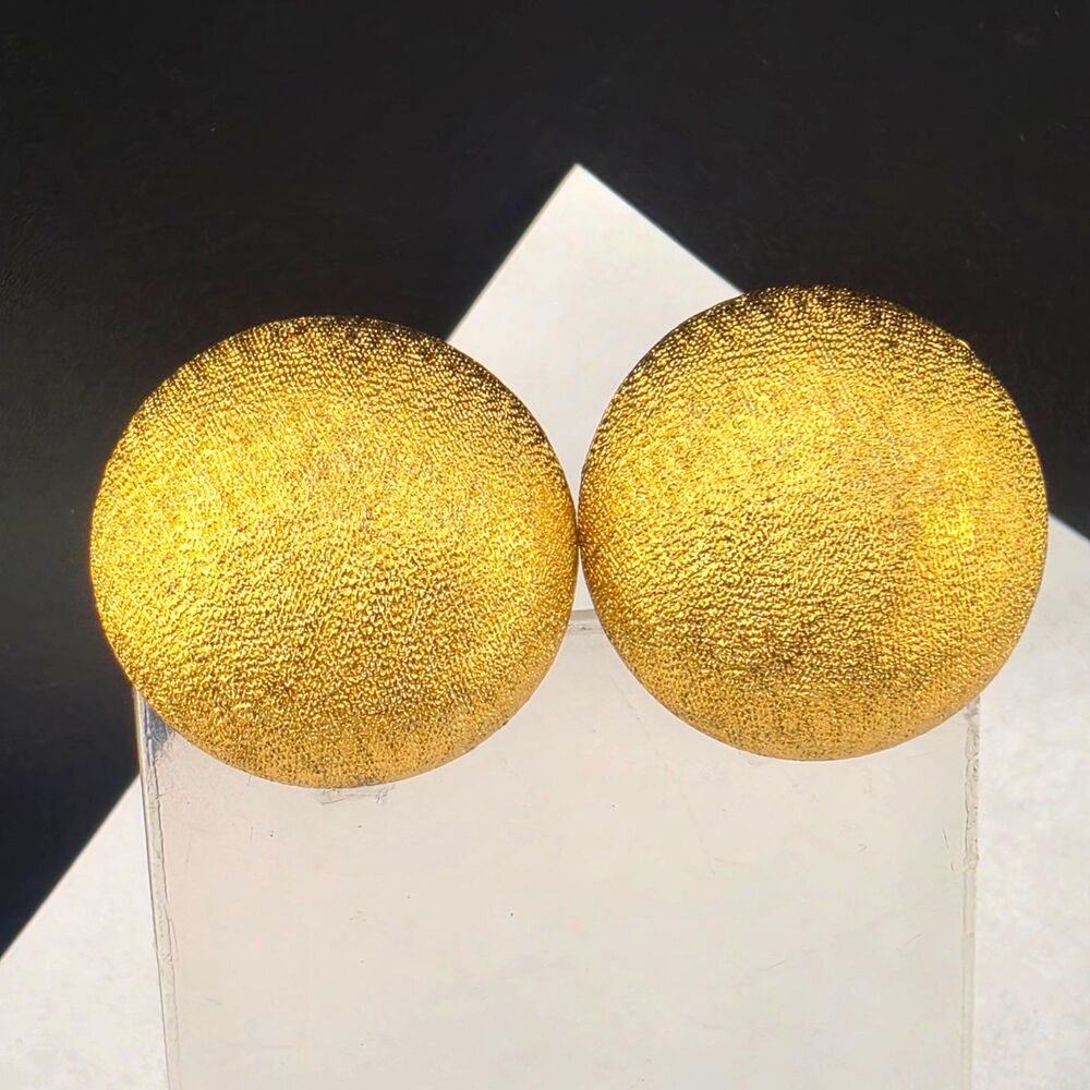 Vintage Monet Brushed Gold Tone Textured Coin Clip Earrings 1"